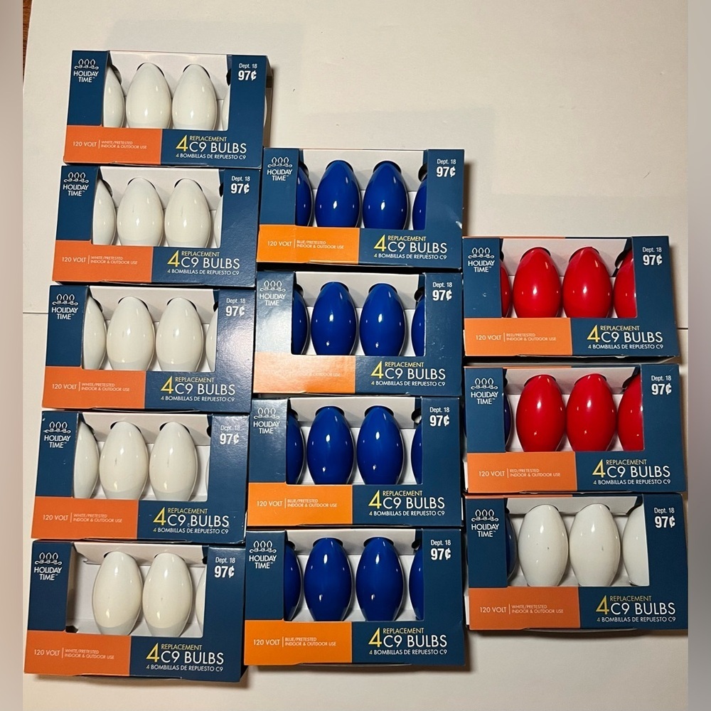 Lot of 12 Holiday Time C9 Replacement Bulbs Red White Blue NOS
